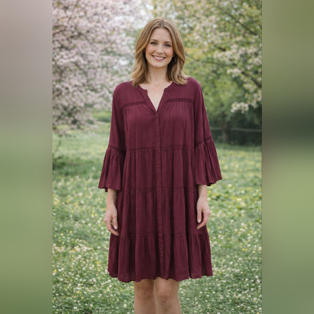 Knox Rose Burgundy/Wine Long Sleeve Boho Gypsy Dress